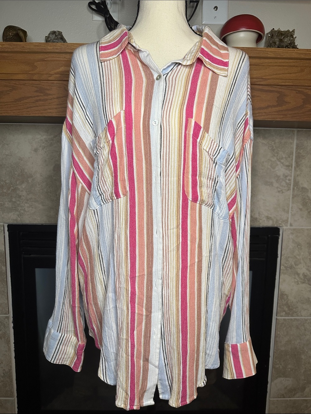 Z Supply M/L Oversized Striped Button Down Shirt Pink Blue Lightweight Top